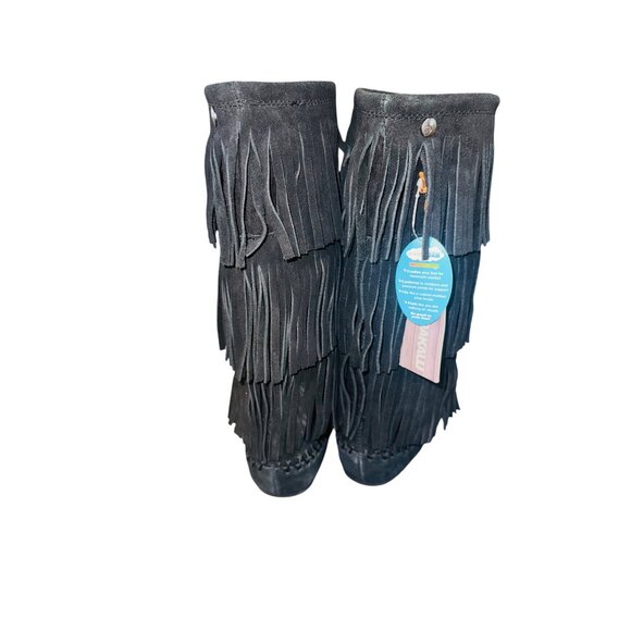 NWT Three Layer Suede Fringe Black Makalu Moccasin Indian Boots Comfort Women 7 - Picture 5 of 13